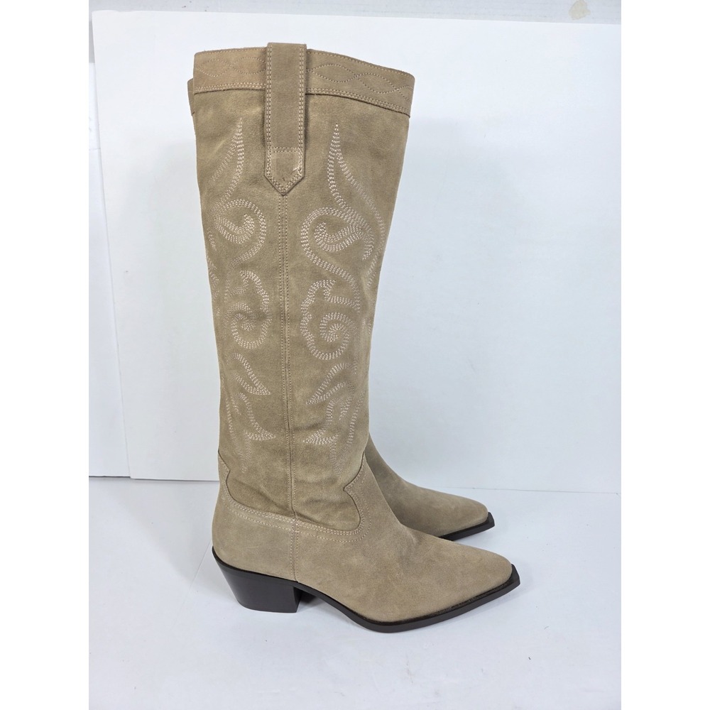 Zara Women Cowboy Boots Knee high EU 40 US 9 Split Suede Brown Tan
